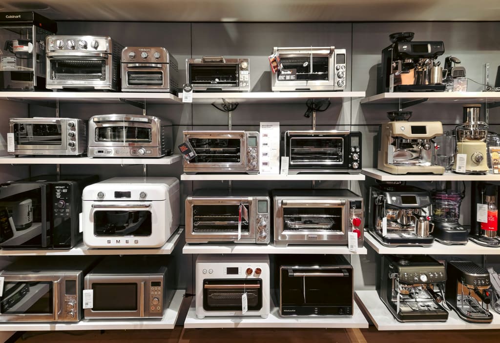 Retail shelving with consumer electrical goods, illustrative only